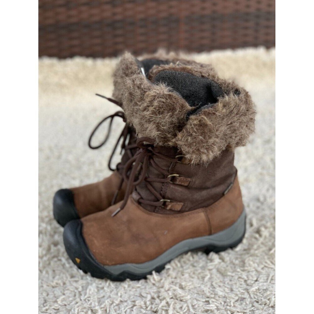 Keen Helena Boots Faux Fur Trim Brown Nubuck Lace Up Winter Mid 52026 Womens 5.5